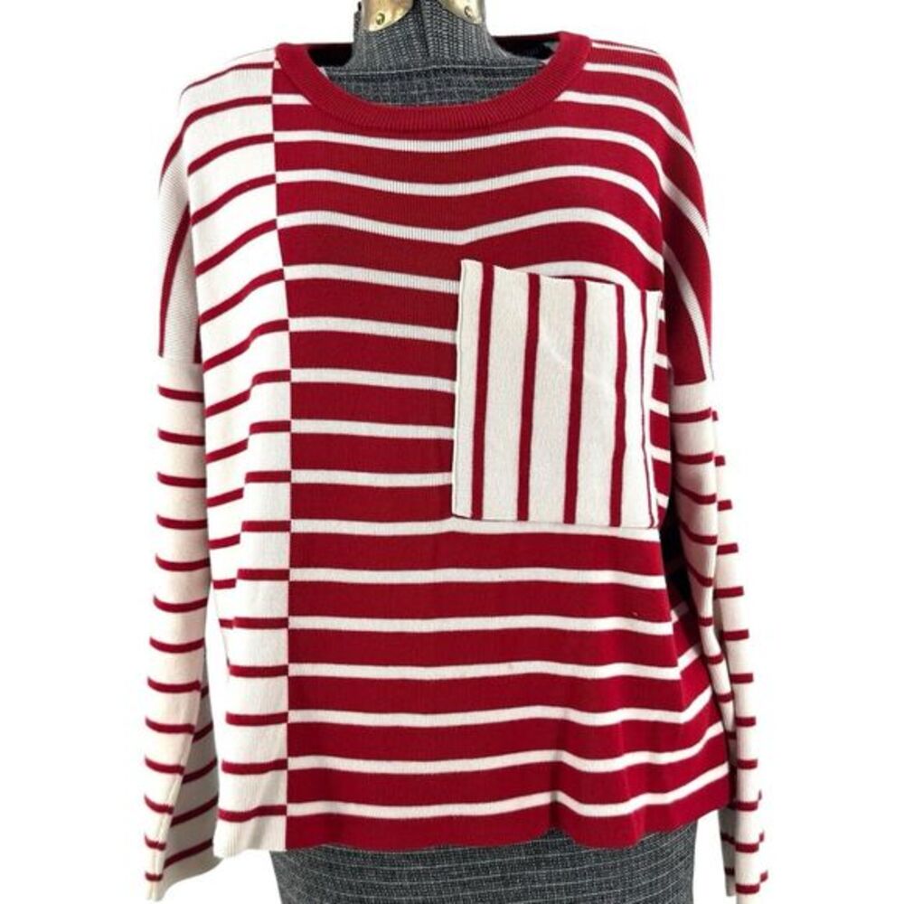 Cabi 5635 Pocket Pullover Striped Sweater Oversized Red Black White Womens Small